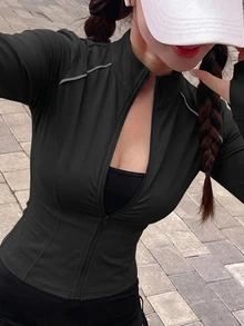 DAZY 女款純色彈性小立領修身長袖夾克，運動休閒，春秋款 - 黑色 - 查看 6