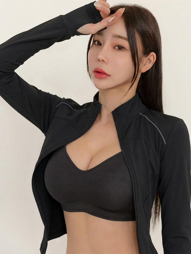 DAZY Women's Solid Color Elastic Small Stand Collar Fitted Long Sleeve Jacket, Sports Casual, Spring/Autumn - Black - View 3