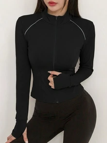 DAZY 女款純色彈性小立領修身長袖夾克，運動休閒，春秋款 - 黑色 - 查看 5