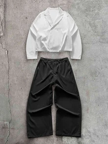 AXEPEAK Men's Minimalist Button Long Sleeve Shirt And Pocket Pants Set - Black and White - View 10