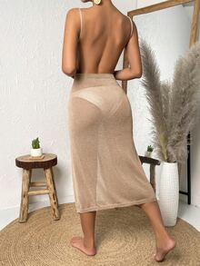 Swim Chiccia Solid Wrap Hem Cover Up Dress,Summer Beach - Khaki - View 2