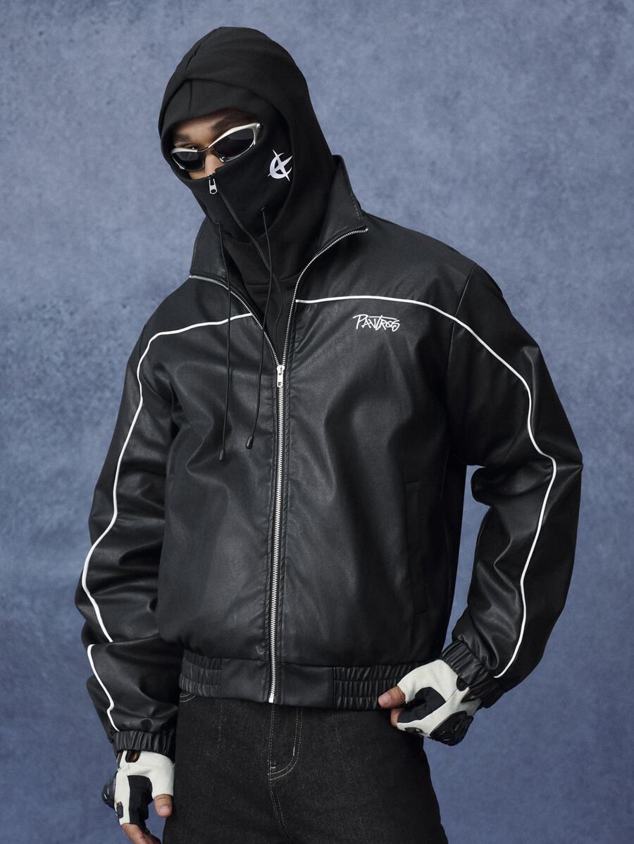 PAVTROS Jaket Lengan Panjang Kasual Pria dengan Motif Huruf dan Resleting untuk Perjalanan Sehari-hari - Hitam - View 1