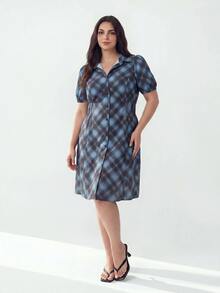 Solavibe Plus Size Women's Plaid Casual Party Outing Dress,Blue Black Check Button Front Elastic Waist Curvy Shirt Dress,Vacation,Vacation Outfits Women - Brown - View 4