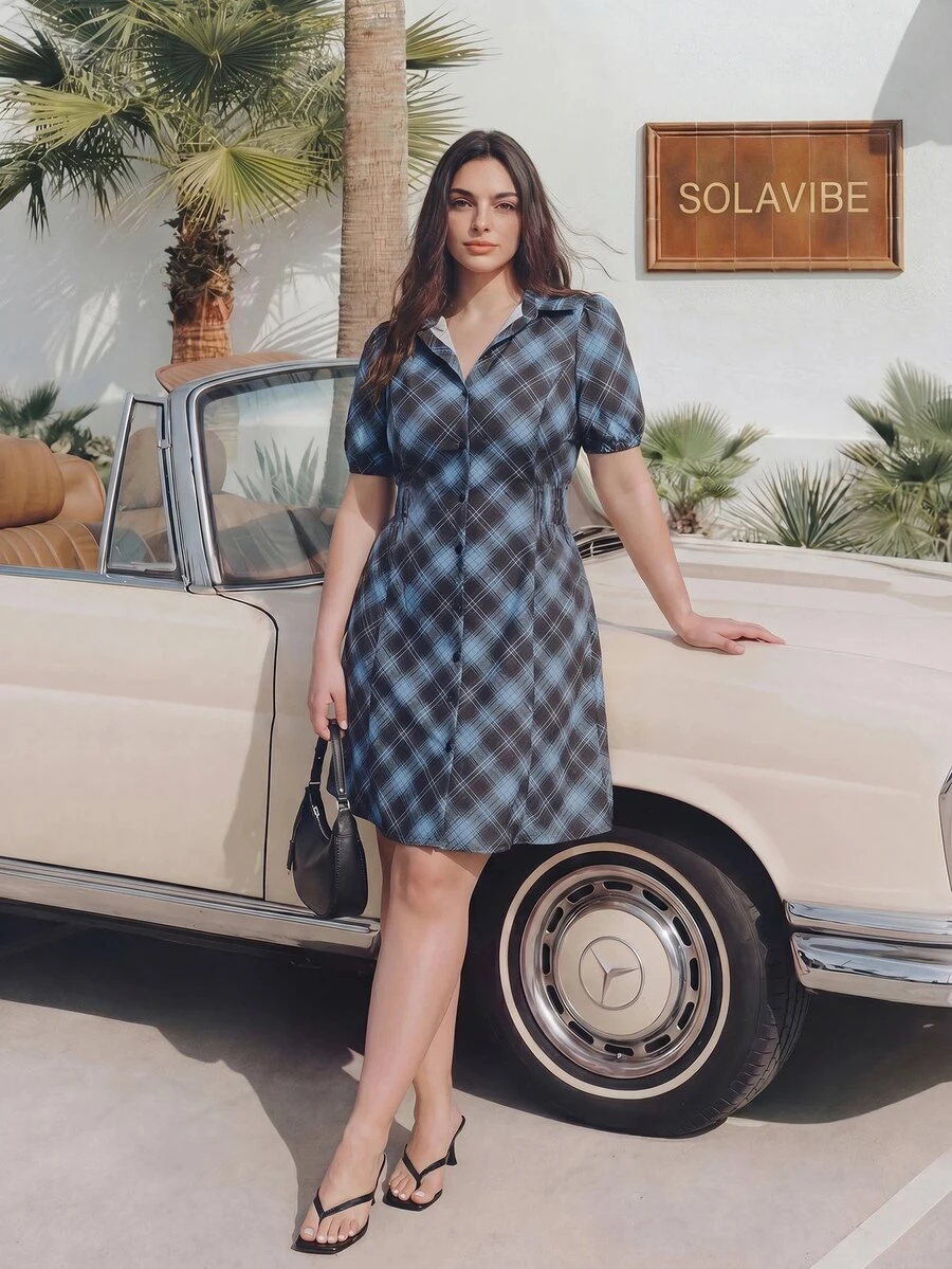 Solavibe Plus Size Women's Plaid Casual Party Outing Dress,Blue Black Check Button Front Elastic Waist Curvy Shirt Dress,Vacation,Vacation Outfits Women - Brown - View 1