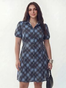 Solavibe Plus Size Women's Plaid Casual Party Outing Dress,Blue Black Check Button Front Elastic Waist Curvy Shirt Dress,Vacation,Vacation Outfits Women - Brown - View 6