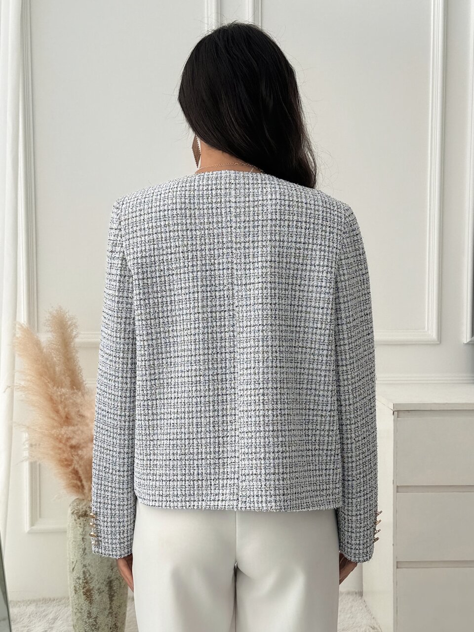 Elegant Luxury Coat, Gold Button Up, Short Jacket Cardigan, Tweed Blue White, Slim Round Neck, Office Work Party, Fall Winter