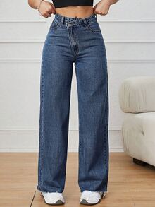 SHEIN ICON 女性高腰交叉牛仔長褲 - 深色水洗藍 - 查看 3