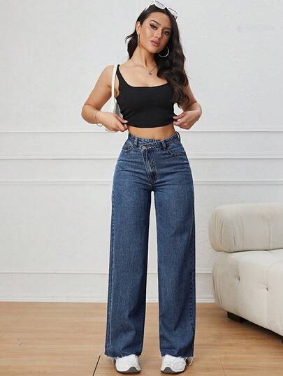 SHEIN ICON بنطلون جينز عالي الخصر واسع للنساء
