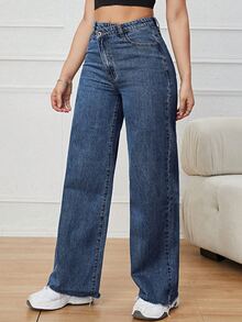 SHEIN ICON 女性高腰交叉牛仔長褲 - 深色水洗藍 - 查看 6