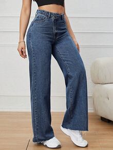 SHEIN ICON 女性高腰交叉牛仔長褲 - 深色水洗藍 - 查看 4