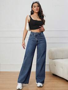 SHEIN ICON 女性高腰交叉牛仔長褲 - 深色水洗藍 - 查看 7