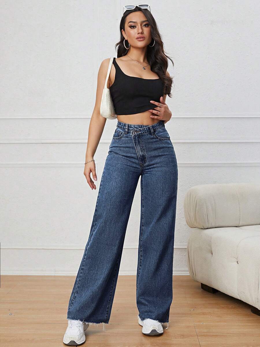 SHEIN ICON 女性高腰交叉牛仔長褲 - 深色水洗藍 - 查看 1