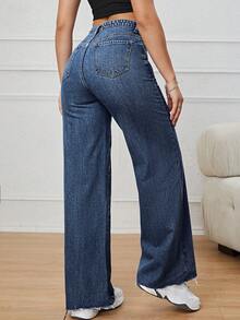 SHEIN ICON 女性高腰交叉牛仔長褲 - 深色水洗藍 - 查看 2