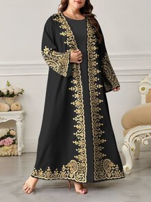 SHEIN Najma 大码女士复古佩斯利花纹腰果印花长袖休闲阿拉伯长袍，春秋季 - 彩色 - 查看 3