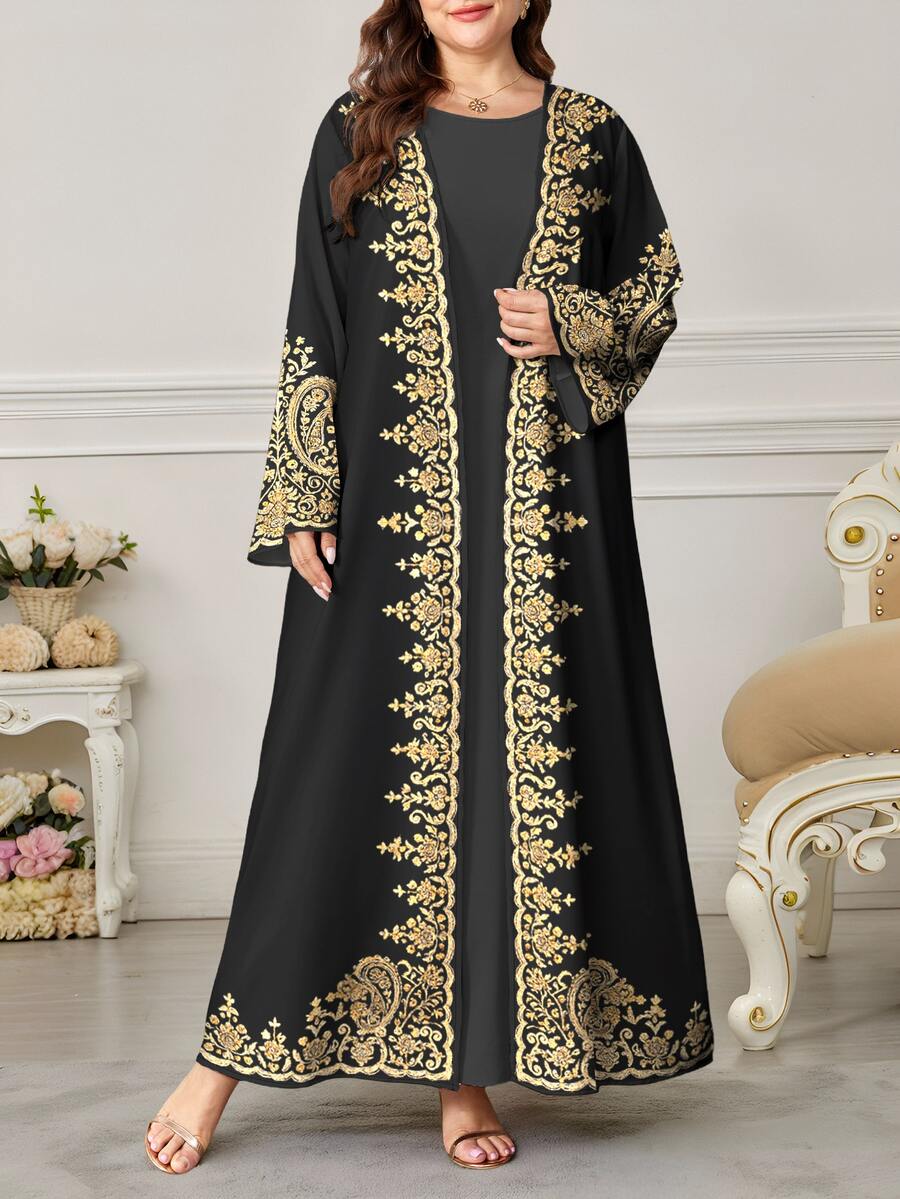 SHEIN Najma 大码女士复古佩斯利花纹腰果印花长袖休闲阿拉伯长袍，春秋季 - 彩色 - 查看 1