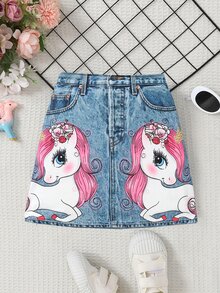 SHEIN Genkimix Kids 少女可愛卡通獨角獸印花裙，夏季 - 彩色 - 查看 3