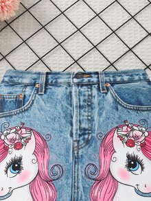 SHEIN Genkimix Kids 少女可愛卡通獨角獸印花裙，夏季 - 彩色 - 查看 4