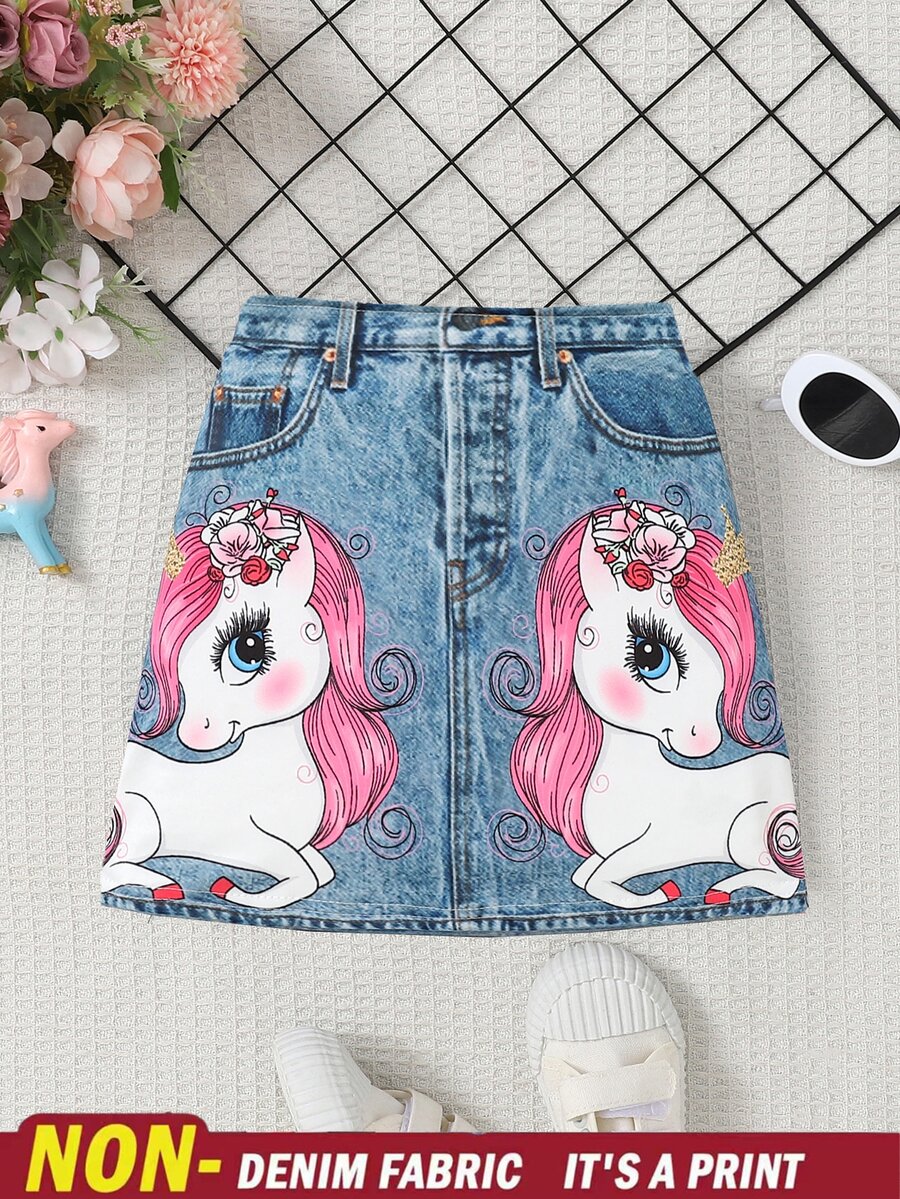 SHEIN Genkimix Kids 少女可愛卡通獨角獸印花裙，夏季 - 彩色 - 查看 1