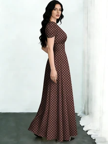 Modelyn Polka Dot Print Coffee Color Dress, Summer Fashion V-Neck Puff Sleeve Waist Cinched Long Dress, Polka Dot Pattern Coffee Color Dress - Multicolor - View 5