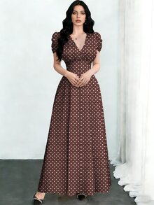 Modelyn Polka Dot Print Coffee Color Dress, Summer Fashion V-Neck Puff Sleeve Waist Cinched Long Dress, Polka Dot Pattern Coffee Color Dress - Multicolor - View 4