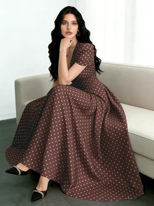 Modelyn Polka Dot Print Coffee Color Dress, Summer Fashion V-Neck Puff Sleeve Waist Cinched Long Dress, Polka Dot Pattern Coffee Color Dress - Multicolor - View 3