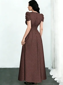 Modelyn Polka Dot Print Coffee Color Dress, Summer Fashion V-Neck Puff Sleeve Waist Cinched Long Dress, Polka Dot Pattern Coffee Color Dress - Multicolor - View 2