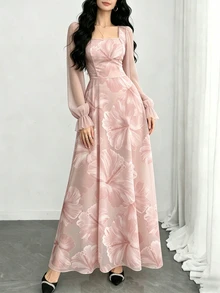 Modelyn 芙蓉碎花时尚方领灯笼袖女士长连衣裙，夏季收腰连衣裙，浅粉色碎花连衣裙，适合夏季度假和日常穿着 - 彩色 - 查看 4