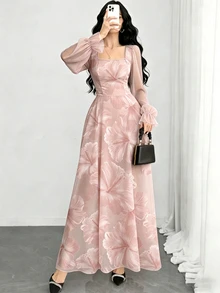 Modelyn 芙蓉碎花时尚方领灯笼袖女士长连衣裙，夏季收腰连衣裙，浅粉色碎花连衣裙，适合夏季度假和日常穿着 - 彩色 - 查看 1