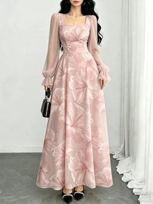 Modelyn 芙蓉碎花时尚方领灯笼袖女士长连衣裙，夏季收腰连衣裙，浅粉色碎花连衣裙，适合夏季度假和日常穿着 - 彩色 - 查看 5