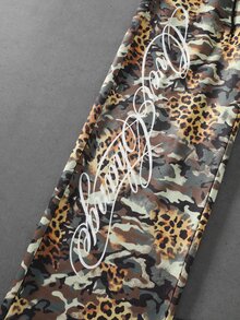 ROMWE MEN Street Life Men's Casual Double Waist Leopard Print Letter Graphic Drawstring Sweatpants - Army Green - View 2