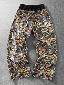 ROMWE MEN Street Life Men's Casual Double Waist Leopard Print Letter Graphic Drawstring Sweatpants - Army Green - View 7