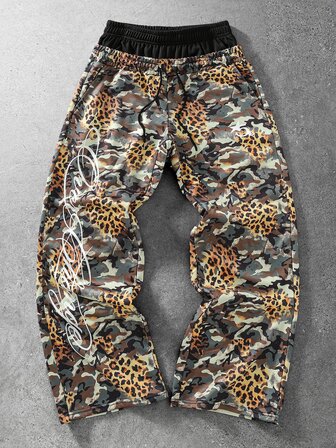 Street Life Pantalones de chándal casuales para hombre con cintura doble, estampado de leopardo, gráfico de letras y cordón