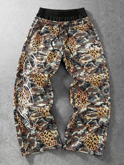 Street Life Men's Casual Double Waist Leopard Print Letter Graphic Drawstring Sweatpants