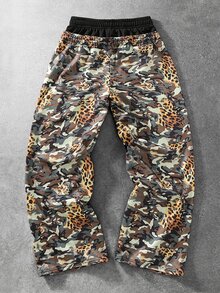 ROMWE MEN Street Life Men's Casual Double Waist Leopard Print Letter Graphic Drawstring Sweatpants - Army Green - View 3