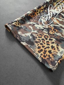 ROMWE MEN Street Life Men's Casual Double Waist Leopard Print Letter Graphic Drawstring Sweatpants - Army Green - View 6