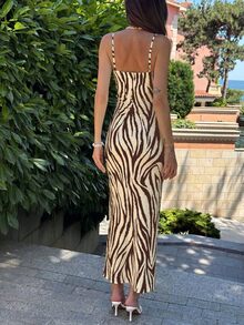 Aloruh Women's Long Spaghetti Strap Dress, Simple Sexy Fashionable Vacation Night Out Beige Summer - Coffee Brown - View 5