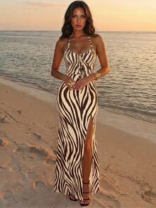 Aloruh Women's Long Spaghetti Strap Dress, Simple Sexy Fashionable Vacation Night Out Beige Summer - Coffee Brown - View 4