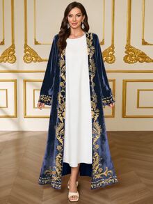 SHEIN Najma Women's Damask Floral Print Long Sleeve Elegant Velvet Abaya, Suitable For Spring And Autumn - Multicolor - View 2