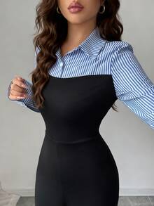 Elenzga 女士优雅休闲通勤日常外出条纹拼接纽扣连体裤 - 黑色 - 查看 7