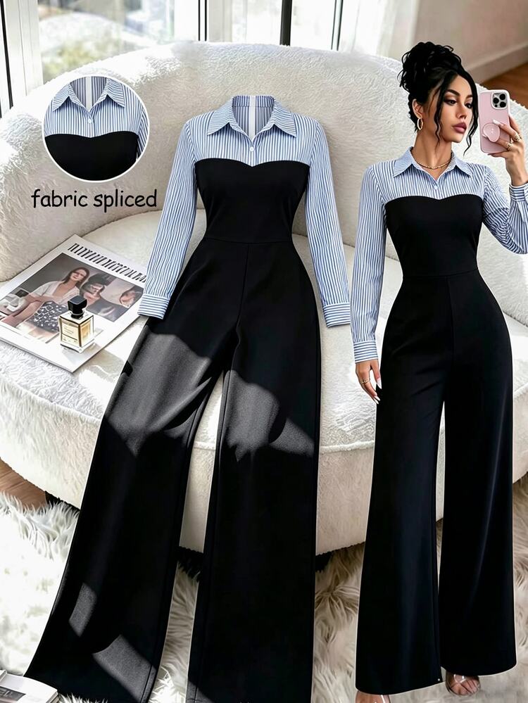 Elenzga جمبسوت نسائية أنيقة كاجوال للتنقل والخروج اليومي مع تصميم مخطط ولوحات مع أزرار - الأسود - مشاهدة 1