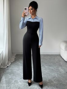 Elenzga 女士优雅休闲通勤日常外出条纹拼接纽扣连体裤 - 黑色 - 查看 4
