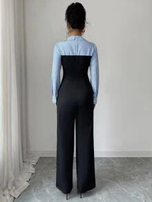 Elenzga 女士优雅休闲通勤日常外出条纹拼接纽扣连体裤 - 黑色 - 查看 2