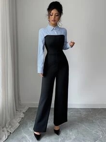 Elenzga 女士优雅休闲通勤日常外出条纹拼接纽扣连体裤 - 黑色 - 查看 8