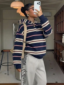 Muchica 休閒極簡風大學條紋滿版印花女款衛衣，適合秋冬穿著 - 彩色 - 查看 5