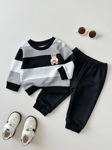 SHEIN Playful Pals 2件組 幼兒男嬰運動衫與慢跑長褲套裝，可愛黑白條紋熊貼布，長袖圓領，休閒版型，適合生日派對、秋季慢跑與居家舒適穿著 - 黑與白 - 查看 4