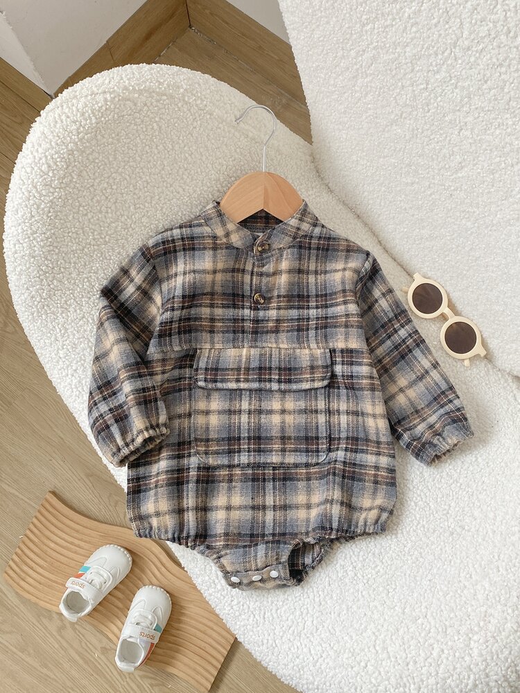 SHEIN Playful Pals Baby Fashion Patchwork Romper, Boy Infant Spring/Autumn Plaid Pattern Big Pocket Bodysuit, Outdoor Wear - Multicolor - View 5