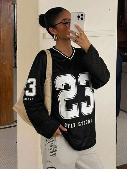 SHEIN Teen Girls Sweatshirts V-Neck Streetwear Sports Letter Graphic Patchwork Oversized Loose Long Sleeve T-Shirt Black White Birthday Prom Autumn