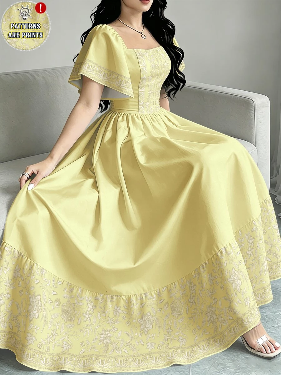 Modelyn Floral Print Fashion Square Neck Cap Sleeve Dress, Summer Waist Cinched Midi Dress, Floral Pattern Light Yellow Dress - Multicolor - View 1