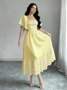 Modelyn Floral Print Fashion Square Neck Cap Sleeve Dress, Summer Waist Cinched Midi Dress, Floral Pattern Light Yellow Dress - Multicolor - View 4