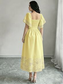 Modelyn Floral Print Fashion Square Neck Cap Sleeve Dress, Summer Waist Cinched Midi Dress, Floral Pattern Light Yellow Dress - Multicolor - View 2